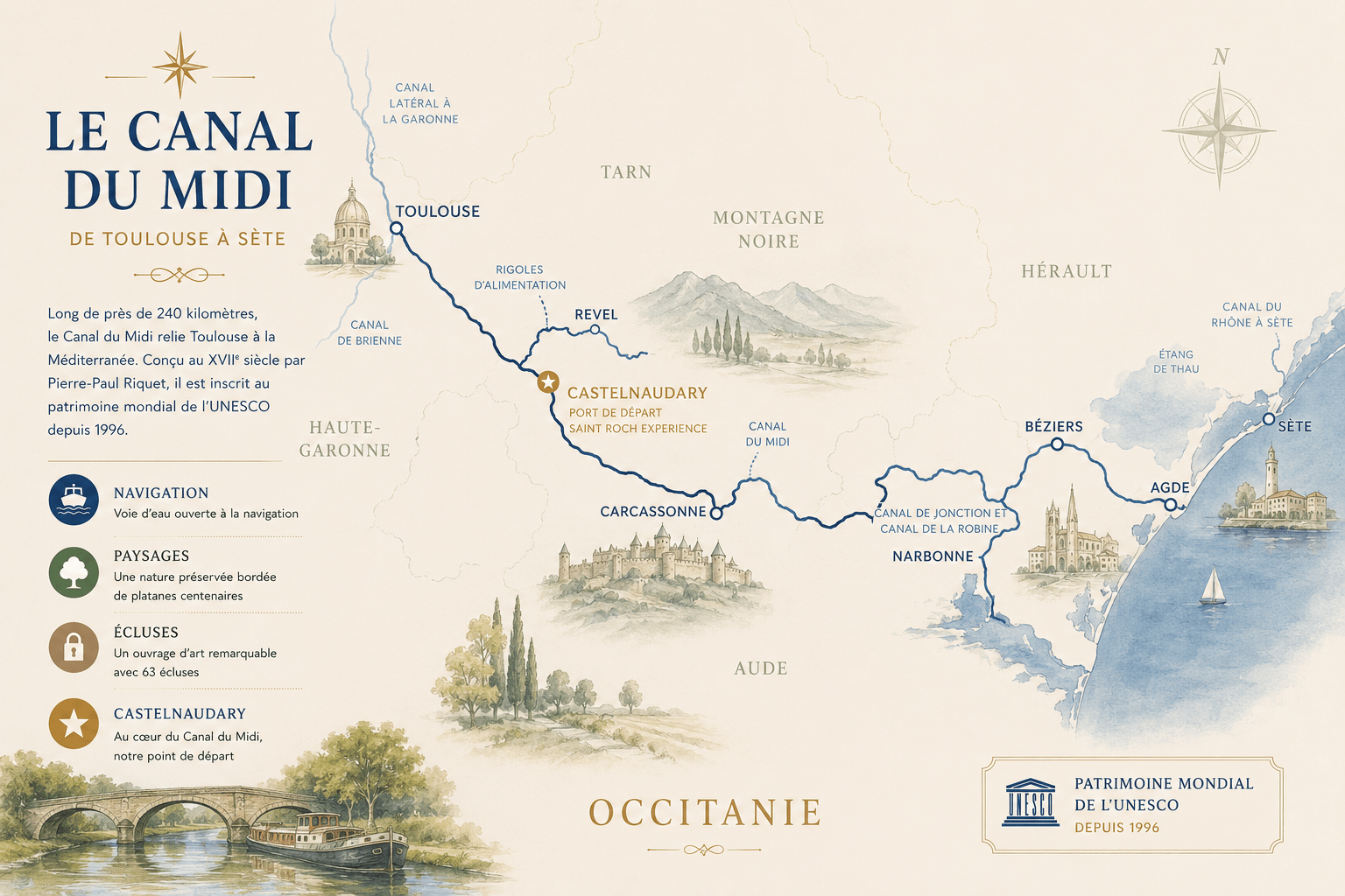 Carte du Canal du Midi entre Toulouse, Castelnaudary et la Méditerranée